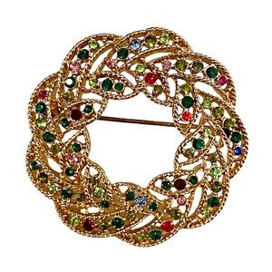 Vtg 60s Christmas Wreath Rhinestone Brooch Pin Gold Tone Holiday Costume Jewelry